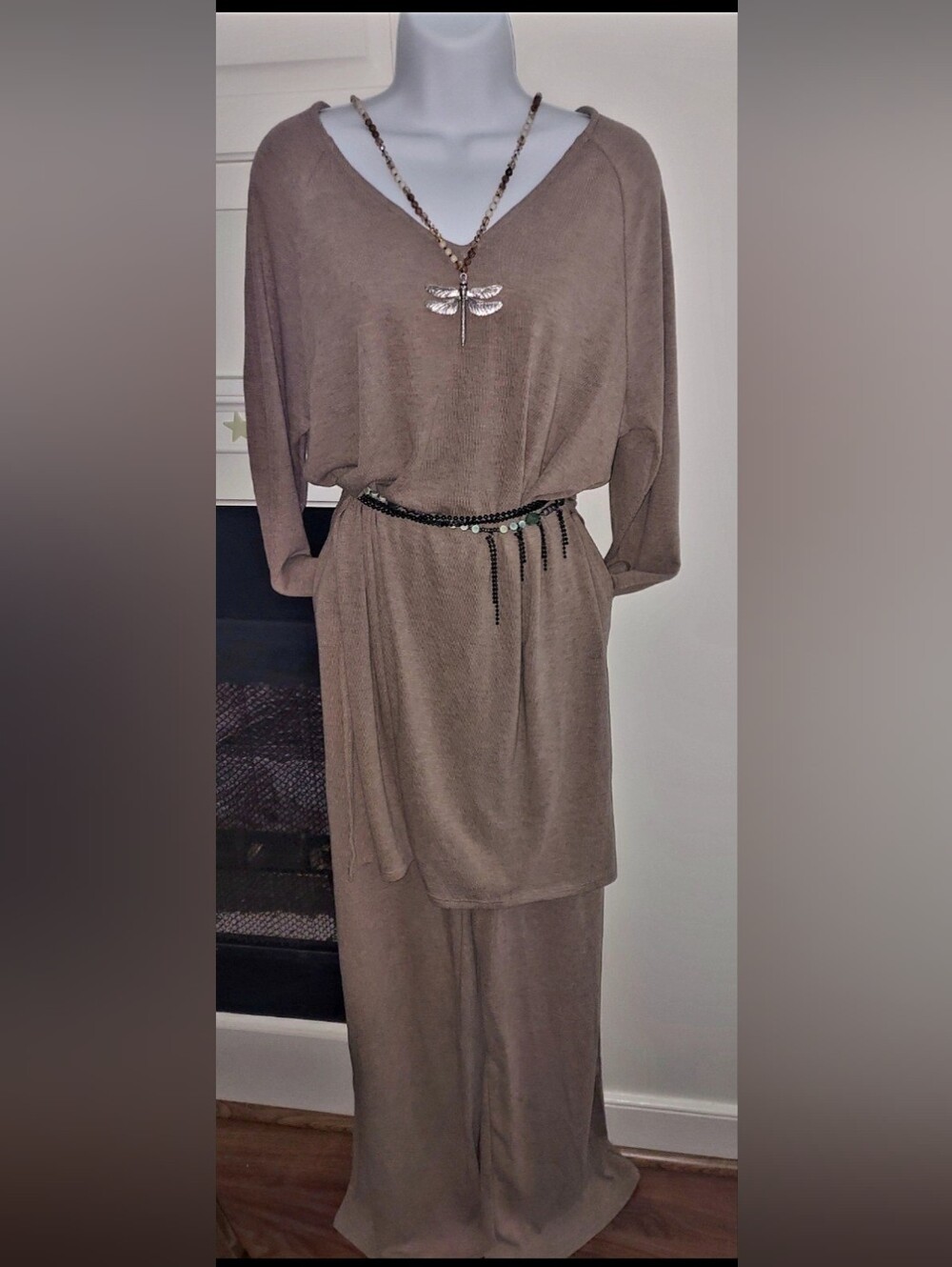 Taupe Women's Tunic Set - Relaxed V-Neck Top and Pant